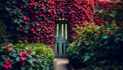 Enchanting Entrance: Doorway Adorned with Crimson Vines