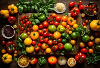 vibrant array fresh ingredients artfully arranged rustic textured wooden surface culinary inspiration, avocado, berries, basil, carrot, cabbage, chili