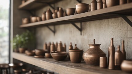 Rustic copper pottery displayed on shelves