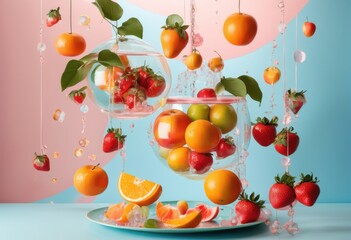 vibrant collection floating fresh fruits whimsical still life arrangement featuring bright colors playful layout, apple, banana, orange, kiwi
