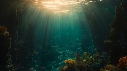 Sunlight streams into an underwater scene