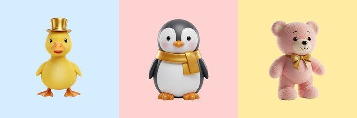 Obraz premium Adorable 3D Duck with Golden Hat, Penguin with Gold Scarf, and Teddy Bear with Gold Bow