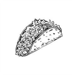 Tacos filling with vegetables, grilled beef, salad leaves vector illustration painted by black inks. Street fast tortilla wrap food. etching drawing. Traditional Mexican take away burritos sketch
