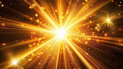 Bright golden explosion of light with sparkling particles and rays. This vibrant image evokes sense of energy and celebration, perfect for various creative projects
