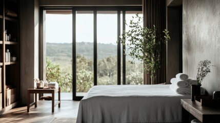 Serene spa room with hillside view, ready for massage