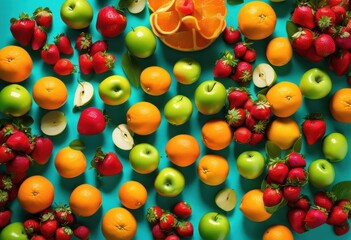 Obraz premium vibrant fruit composition artfully arranged colorful dynamic background eye catching visual appeal, apple, banana, orange, grape, lemon, kiwi, watermelon