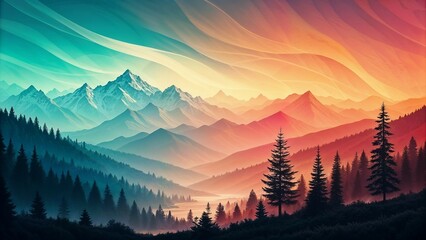 Surreal mountain landscape in vibrant gradient colors, fantasy nature scenery