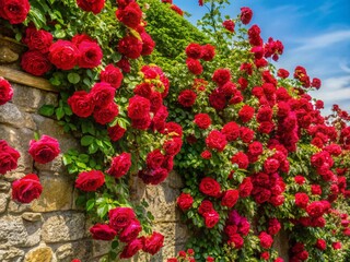 Aerial View of Vibrant Red Climbing Rose Blooming Abundantly on a Stone Wall