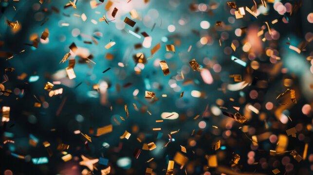 Celebratory confetti falling in vibrant atmosphere, creating festive mood. colorful pieces shimmer against blurred background, enhancing joyful ambiance