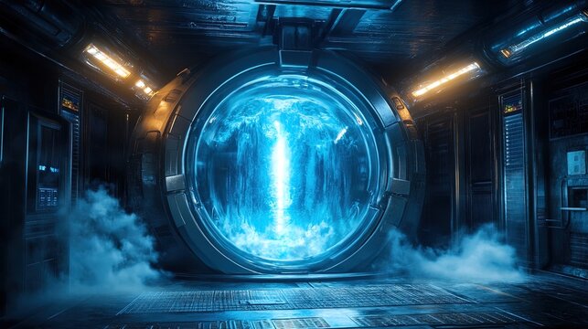 A glowing cryogenic chamber holding an alien life form, advanced and mysterious 