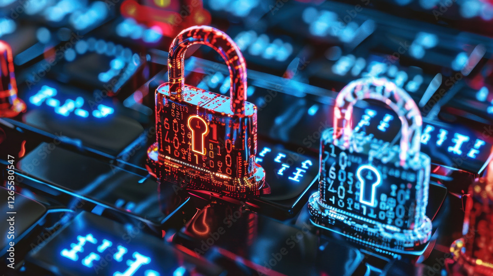 Poster digital locks on keyboard symbolize cybersecurity and data protection. vibrant colors and binary cod