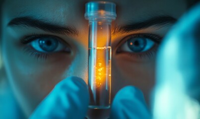 Biohacking Hope: A scientist holds a vial of glowing liquid, their eyes filled with both fear and hope, as they push the boundaries of genetic