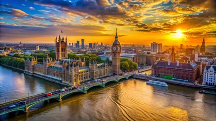 Fototapeta premium Aerial View of Westminster Bridge and Clock Tower at Sunset, London