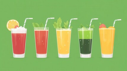 Colorful Beverage Selection on a Green Background