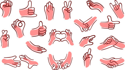 Set of cartoon hands in different gestures. Collection design elements for business communication, care, love. Funny vector illustration in groovy style.