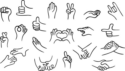 Set of cartoon hands in different gestures. Collection design elements for business communication, care, love. Funny vector illustration in groovy style.