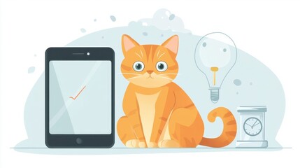 Cute Cat with Phone and Light Bulb Illustration
