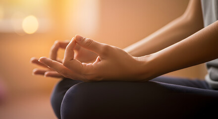  A close-up of a person&rsquo;s hands in a meditative mudra position, resting on their lap