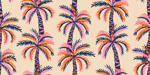 Tropical seamless pattern with hand drawn palm trees. Hawaiian summer background for fabric, textiles, clothing, poster, cover, decoration, banner, wallpaper, interior decor. Vector illustration.