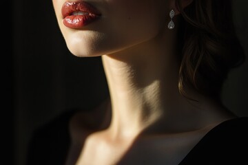 Elegant young caucasian female with earrings in low light