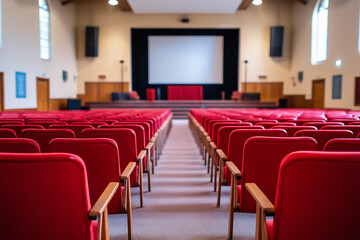 Fototapeta premium Red chairs arranged in a spacious auditorium with a stage and screen ready for a presentation or event