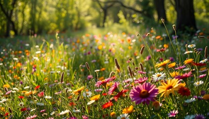 Enchanting Meadow of Wildflowers at Golden Hour's Embrace