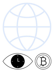 Globe wireframe, eye with clock circle, Bitcoin symbol. Ideal for global finance, time, blockchain, cryptocurrency, digital trade, connectivity abstract line flat metaphor