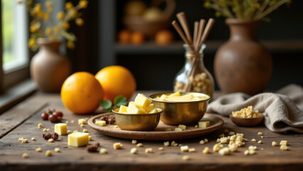 Naklejka premium Beef tallow preparation, featuring oranges and nuts on a rustic wooden table with decorative jars and plants in the background.