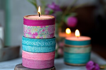 Colorful patterned candles with warm glow and unique designs