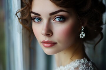 Young caucasian female with elegant earrings and wavy hair by window
