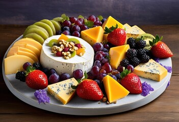 colorful cheese platter arrangement assorted fresh edible flowers delightful presentation, board, charcuterie, colors, delicacies, decorations, elegance