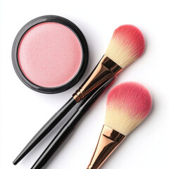 Pink blush with elegant makeup brushes on white background