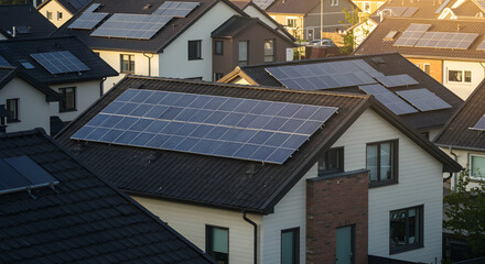  A close-up view of modern residential houses with rooftop solar panels installed