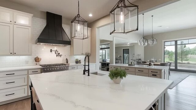 White cabinetry, quartz countertops, and modern farmhouse lighting define bright, spacious kitchen opening to dining and living areas with expansive windows overlooking lush landscape