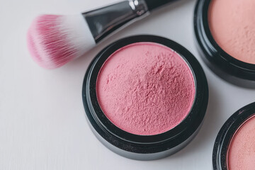 Pink blush powders with brushes on white background, showcasing soft textures