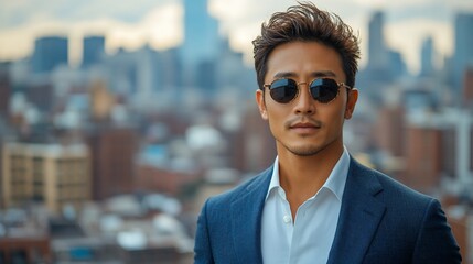 Obraz premium Confident man in sunglasses poses against a city skyline, showcasing urban lifestyle and fashion