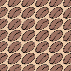 Seamless pattern with coffee bean icon in doodle style. Texture in trendy color 2025. Vector graphics.