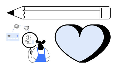 Woman holds magnifying glass over cash, coin, and debit card. Large pencil at the top. Light blue heart shape on the right. Ideal for finance, analysis, love, education research creativity