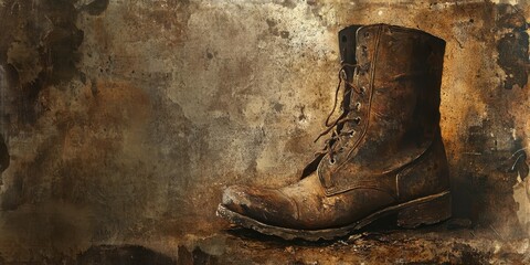 Single worn leather work boot shown against a textured background