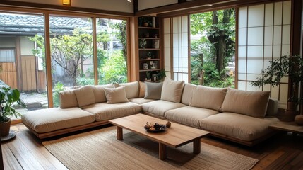 Interior living space with sectional sofa and garden view