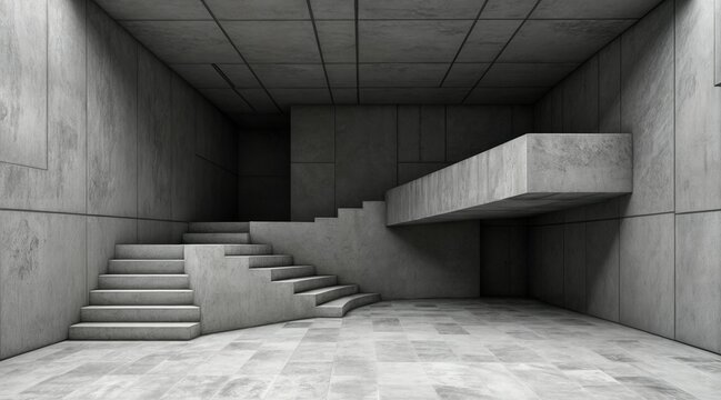 Massive concrete space with polygonal, jagged walls, textured raw concrete, muted lighting, deep contrasts, modern industrial aesthetic, minimalist architectural visualization, abstract geometric inte