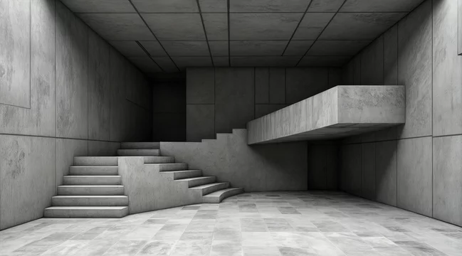 Massive concrete space with polygonal, jagged walls, textured raw concrete, muted lighting, deep contrasts, modern industrial aesthetic, minimalist architectural visualization, abstract geometric inte