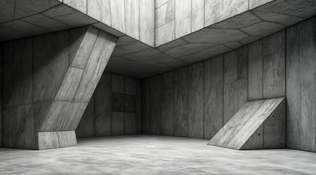 Brutalist concrete interior with angular, fractured walls, geometric ceiling, deep shadows, raw textured surfaces, industrial minimalist design, high-contrast grayscale architectural rendering