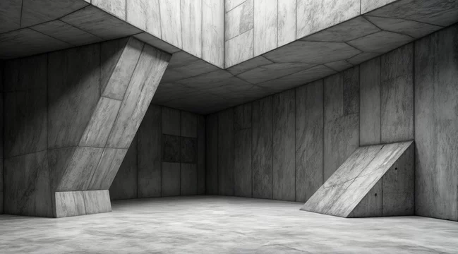 Brutalist concrete interior with angular, fractured walls, geometric ceiling, deep shadows, raw textured surfaces, industrial minimalist design, high-contrast grayscale architectural rendering