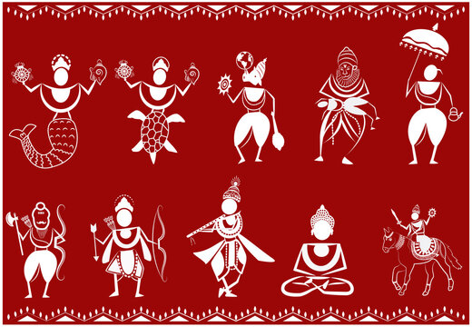 Warli art, Indian folk art, Dashavatara, Gods, 