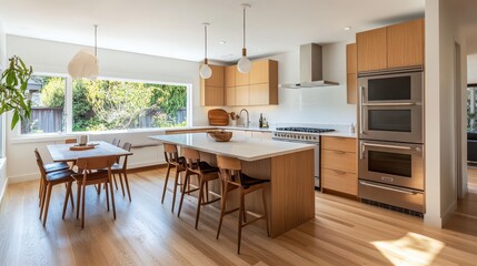 Elegant kitchen showcases natural wood cabinets island and dining area