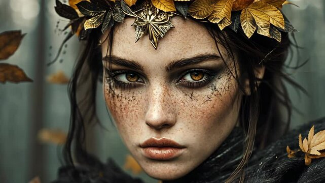 Portrait of a woman with a crown of autumn leaves and striking makeup in a natural setting during fall