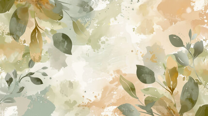soft, abstract background featuring green and orange leaves with watercolor splashes, creating serene and natural atmosphere. Perfect for design projects
