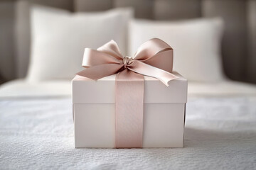 Elegant white gift box with soft pink ribbon on cozy bed setting