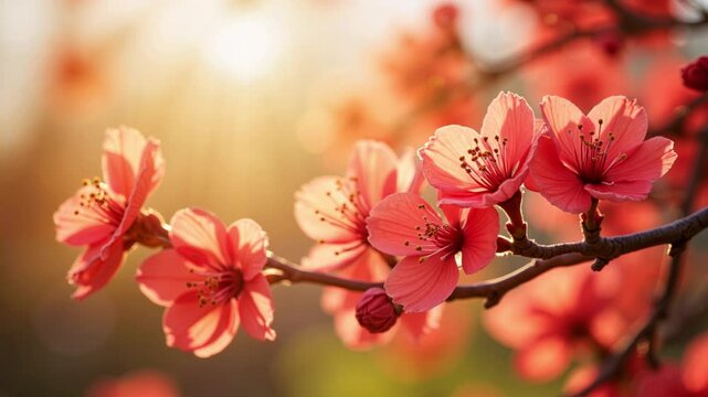 Bright Pink Flowers Blooming against Sunny Blurred Background